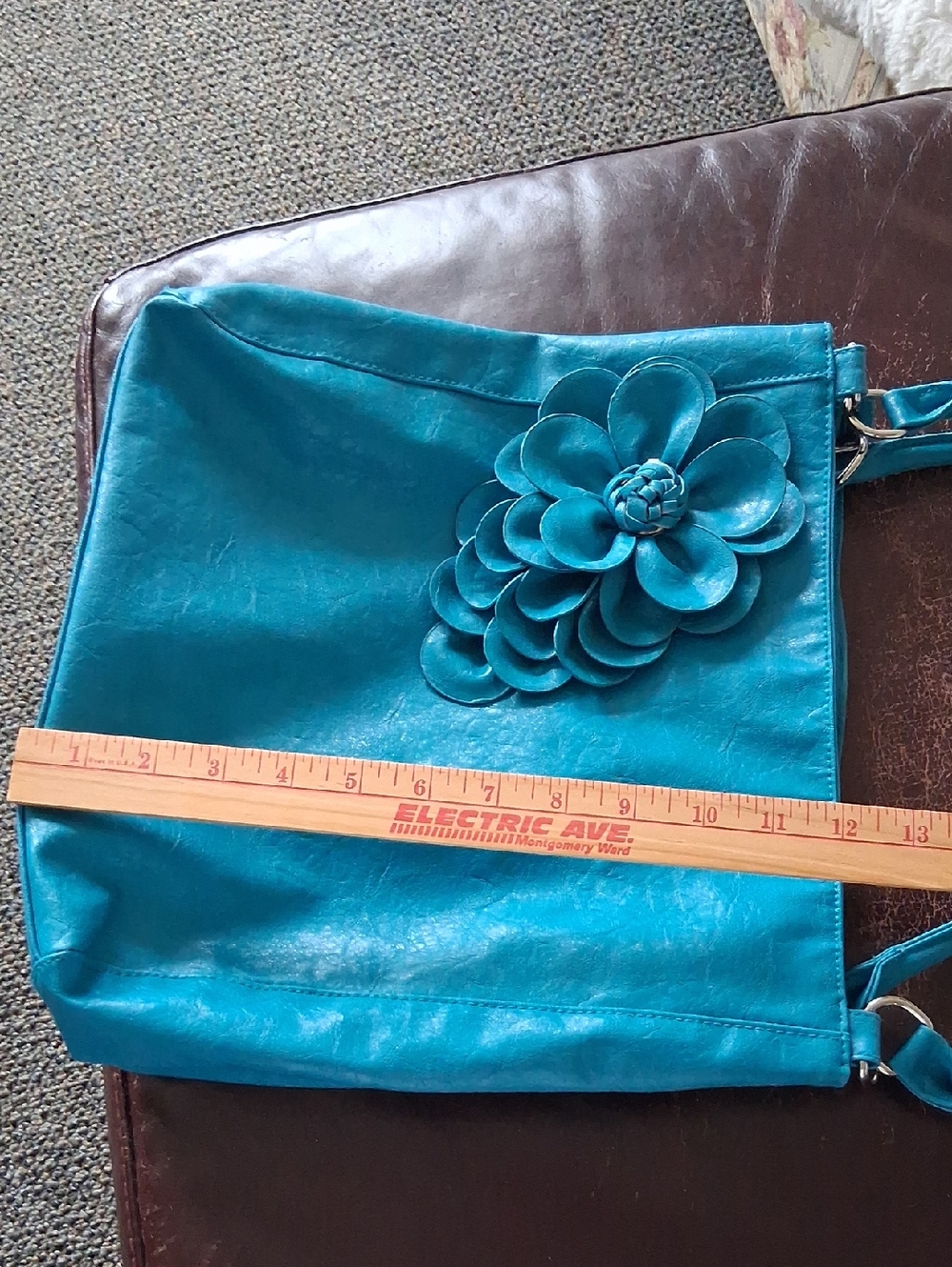 Teal Floral Leather Tote Bag - Women's Shoulder Handbag - Picture 9 of 10